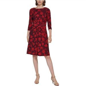 Tommy Hilfiger Womens Red Jersey Floral Twist Front Dress Size 12